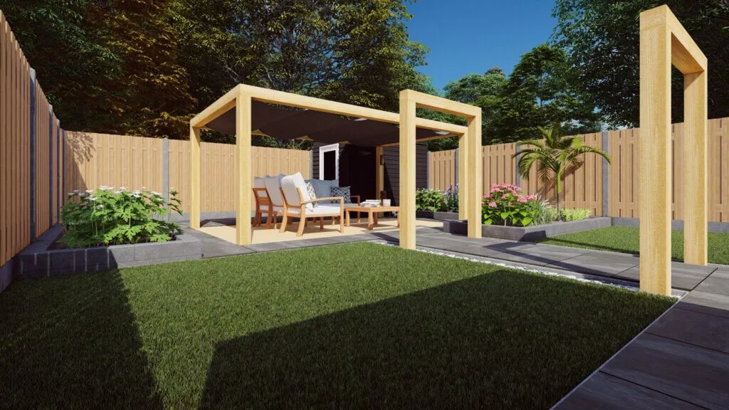 3D-ontwerpvisualisatie van een tuin met houten pergola, zitgedeelte en gazon